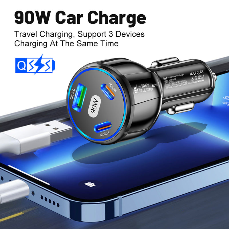 90W Car Charger PD30W &QC3.0 Multi Port Type C Cigarette Lighter USB Charger