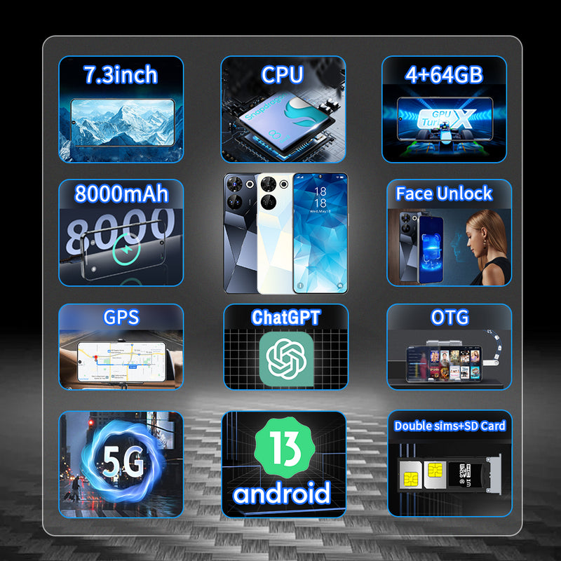 New C20 Pro Smartphone 7.3" 4GB+64GB Unlocked Android 13 Cell Phone Dual SIM GPS